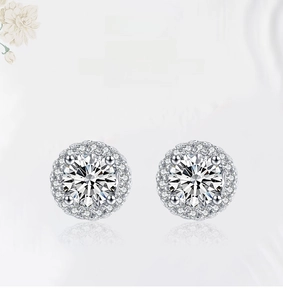 Detailed view of S925 silver halo earrings with sparkling four-claw cubic zirconia