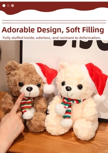 Close-up of small Christmas teddy bears in red hats and striped scarves on wood