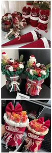 Detailed Christmas gift packaging featuring plaid boxes, Santa dolls, and dried pine cones