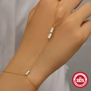 925 Sterling Silver Hand Chain Ring Bracelet Gold Plated Rectangular Zircon Finger Link Jewelry For Women Minimalist Trendy