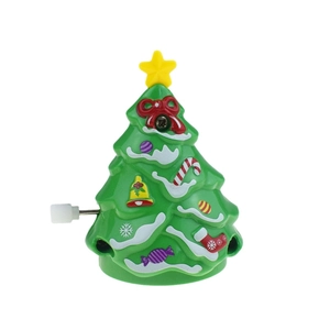 Green clockwork walking Christmas tree toy with 3D ornaments and yellow star top