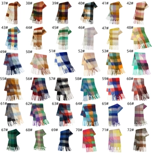 Grid view of various colorful checkered scarves with fringe and style numbers 37 to 72