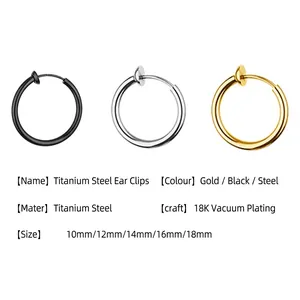 Minimalist 18K gold plated titanium steel clip-on earrings in gold, black, and silver