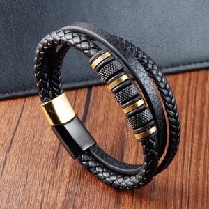 Men's multi-layer black braided leather bracelet with gold and black magnetic clasp