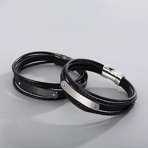 Men's multilayer braided leather bracelet with stainless steel metal plate accents