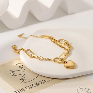 18k gold plated stainless steel bracelet with heart pendant and mixed link chain