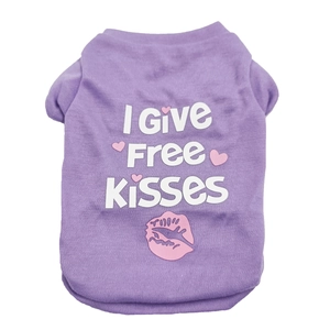 Close-up of a purple pet t-shirt with I Give Free Kisses print and soft cotton texture