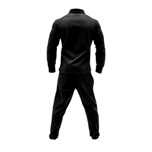 Rear view of men's black suede tracksuit showing premium jacket and matching trousers