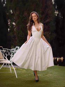 Women Sexy Deep V Neck Halter Maxi Dress Pleated High Waist Solid Color Sleeveless Summer Vacation Party