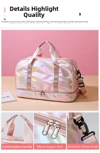 Detailansicht der irisierenden rosa Reisetasche mit separatem Bodenfach und Tragegurt
