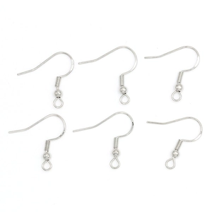 Detailed view of silver-plated U-shaped ear hooks with beads and spring coils for DIY
