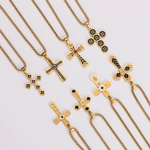 Cross Pendant Necklace 18K Gold Plated Stainless Steel With Enamel And Rhinestones Religious Punk Style Box Chain