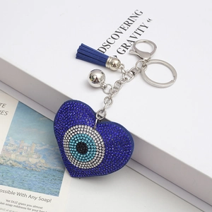 Blue heart evil eye keychain with rhinestones, tassels and metal clasp for handbags