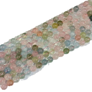 Strand of natural multicolor morganite beryl round beads for jewelry making on white background