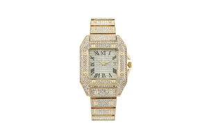 Detailed close-up of a gold square watch featuring a full diamond pavé dial and Roman numerals