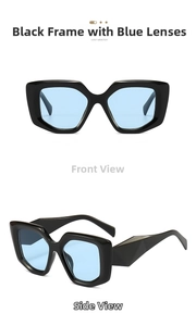 Detail of oversized black geometric sunglasses with blue lenses and wide faceted temples
