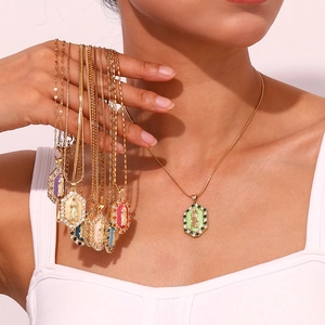 Vintage gold Virgin Mary hexagonal pendant necklace set with colorful zircons