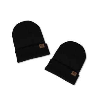 Set of two black minimalist knitted beanies with W leather patch for winter warmth