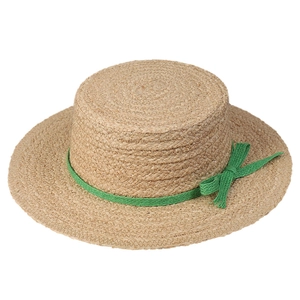 Elegant women's flat top raffia boater straw hat with a stylish green ribbon bow
