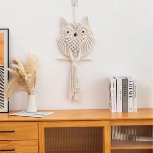 Detail of owl-shaped macrame wall hanging with intricate woven cotton tassels