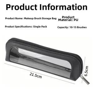 Detail view of large capacity black PU cosmetic brush bag with clear window and size metrics