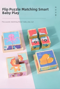 Close-up of 3D wooden blocks showing colorful animals and fruits on a steady tray