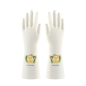 White latex kitchen cleaning gloves with squirrel print and long sleeves for housework