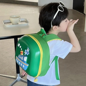Cute green cartoon boat toddler backpack with hardshell design for school children
