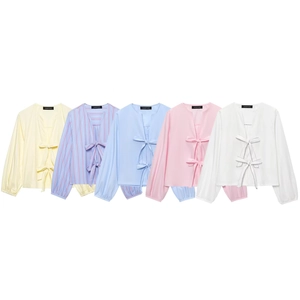 Women's Casual Bowtie V-Neck Long Sleeve Blouse Lantern Sleeve Loose Fit Polyester Shirt Elegant Spring Fashion Top