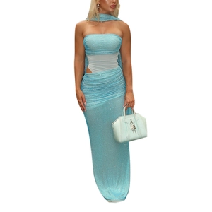 Elegant light blue glitter tube dress with waist cut-outs and matching neck scarf