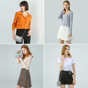 Collage of clear PVC crossbody bag with gold chain strap on models in multiple views