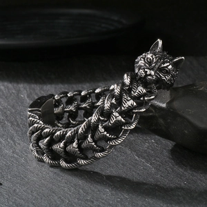 Bracelet pour homme en acier inoxydable avec tête de loup et chaîne tressée style punk