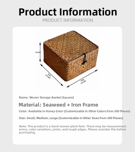 Detailed view of woven seagrass storage boxes with iron frames and size specifications