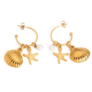 Golden hoop earrings with seashell, starfish, and pearl pendants on a white background