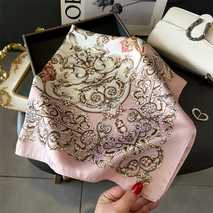 Detailed view of floral silk-feel square scarf with panda crown print and satin finish
