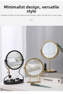 Three Nordic metal makeup mirrors with various trays and round glass for vanity storage