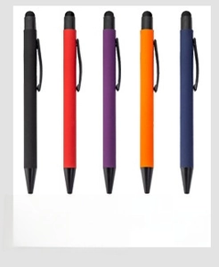 Detailed view of five colorful metal ballpoint pens with black stylus tips for touchscreens
