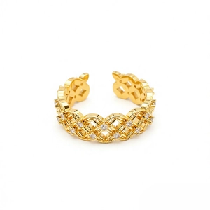 18k gold plated open flower ring with hollow geometric texture and zircon stones