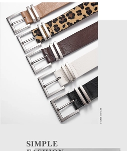 Close-up of five stylish faux leather belts with metallic buckles and leopard patterns