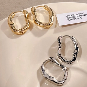 Irregular Wave Geometric Hoop Earrings Alloy Minimalist Liquid Metal Texture Jewelry For Women With Steel Earring Post