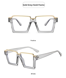 Grey and gold square oversized glasses frame shown from positive and side view angles