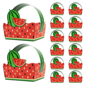Watermelon theme paper gift baskets set with red patterns and green handles for parties