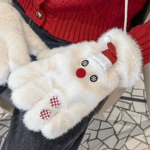Winter thermal snowman mittens with plush faux fur and festive red hat for women