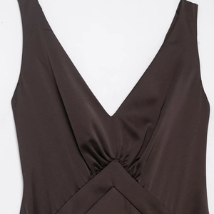 Elegant deep brown satin V-neck dress with ruched waist detail and sleeveless design