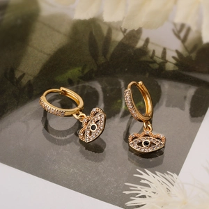 Luxurious gold-plated copper evil eye earrings with sparkling micro-pave white zircon stones