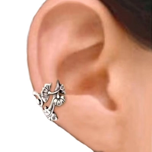 Retro ginkgo leaf ear cuff earring for women in vintage silver finish on ear
