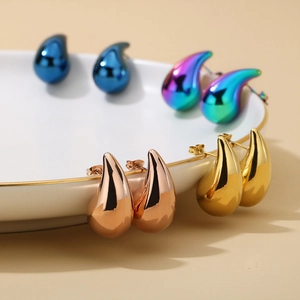 Polished stainless steel teardrop earrings in gold, rose gold, blue, and rainbow colors