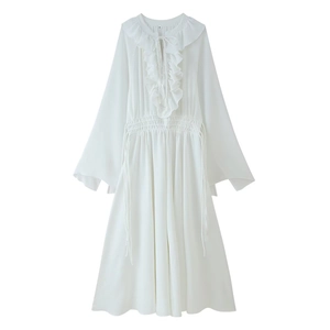 Elegant white French style long sleeve maxi dress with ruffle neckline and drawstring waist
