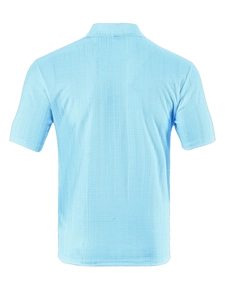 Back view of light blue short sleeve shirt featuring subtle grid fabric texture detail