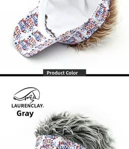 Detail of funny novelty wig baseball cap and headband with grey afro hair and letters